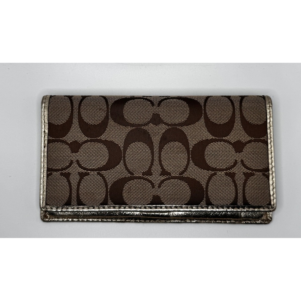 Coach Brown Signature Canvas & Gold Leather Slim Wallet Card Holder - Picture 2 of 9